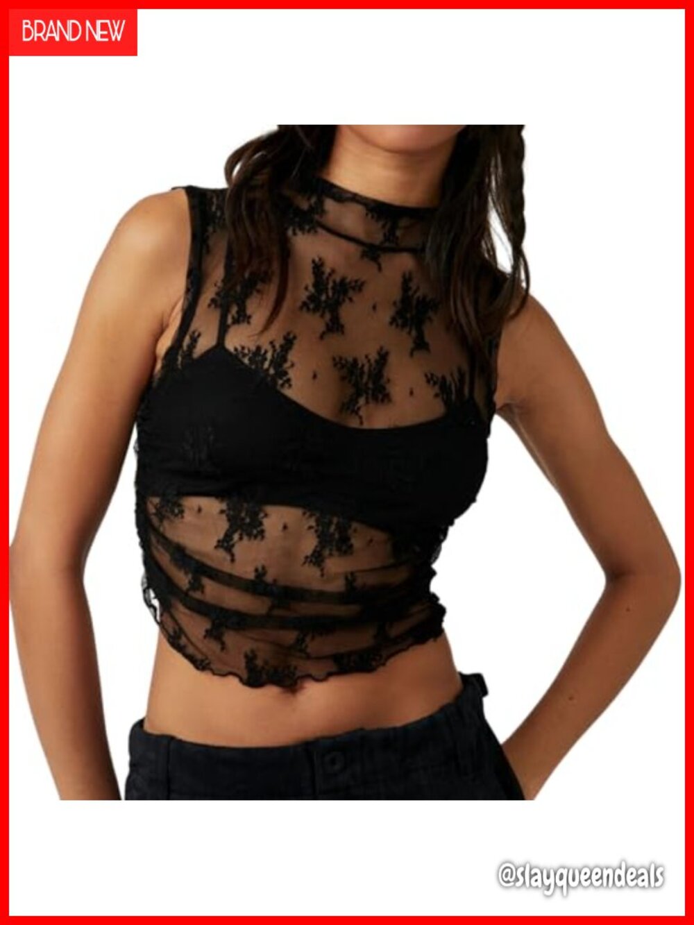 Naileksi Women Sleeveless See Through Lace Mesh Crop Top Mock Neck Ruched Side